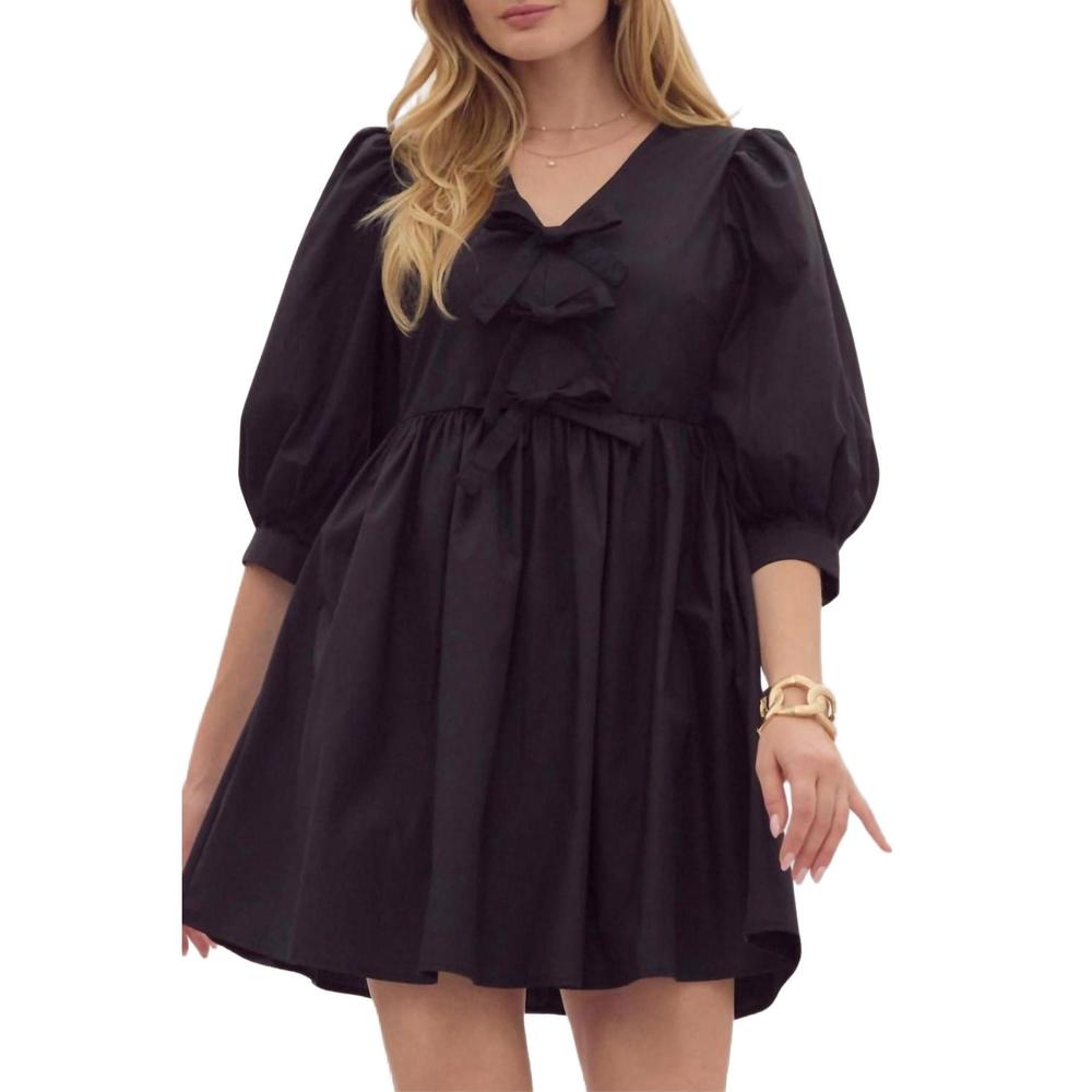 NWOT entro Black Puff Sleeve Mini Dress with Bow Detail